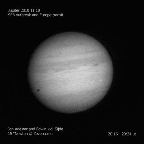 <strong>Astrofotografie</strong> 16 Jupiter-animate SEB opleving en maanovergang